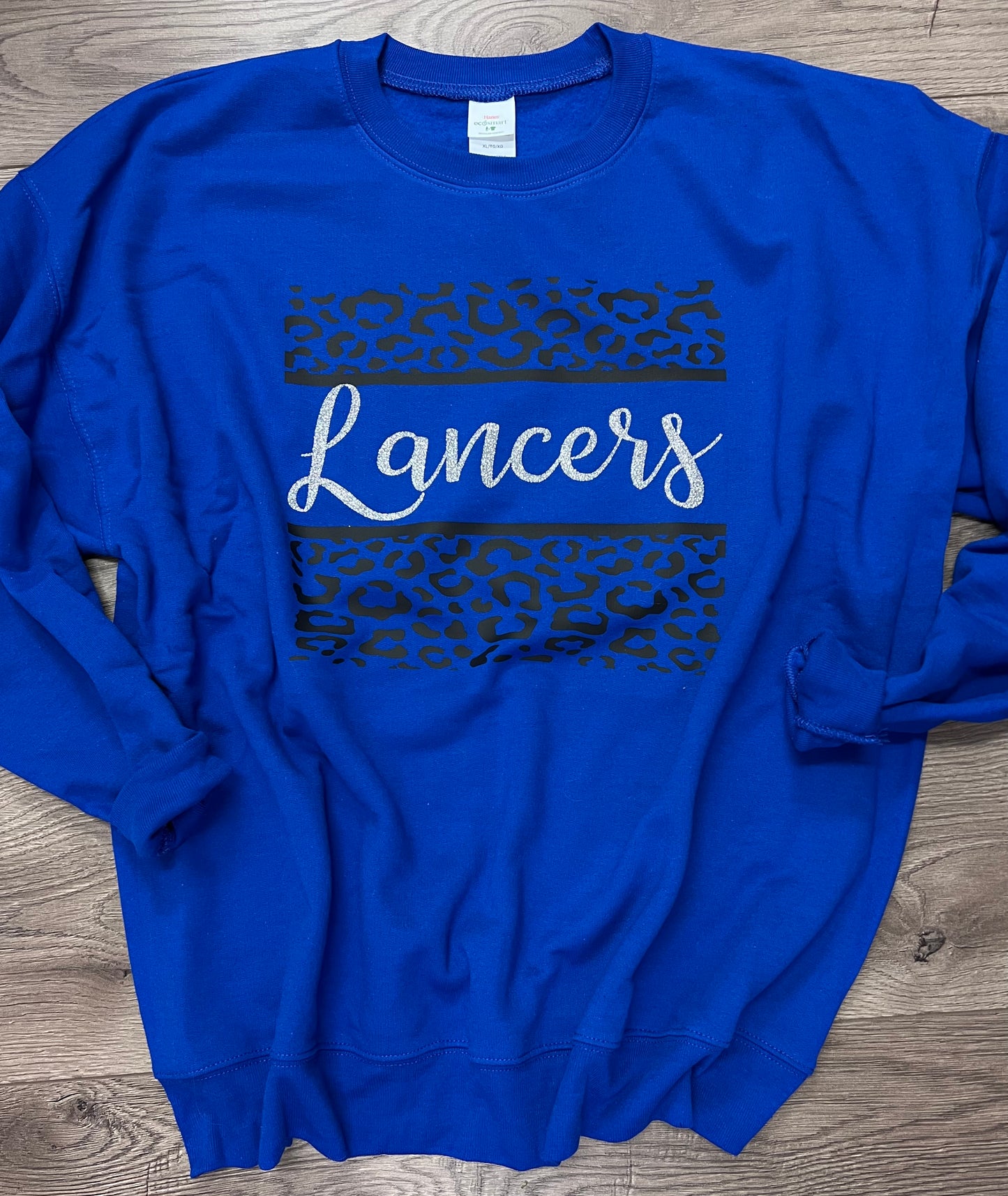 CUSTOMIZABLE School or Mascot Leopard Cursive Font Crewneck Sweatshirt: Pick Shirt Color, Wording & Vinyl Color