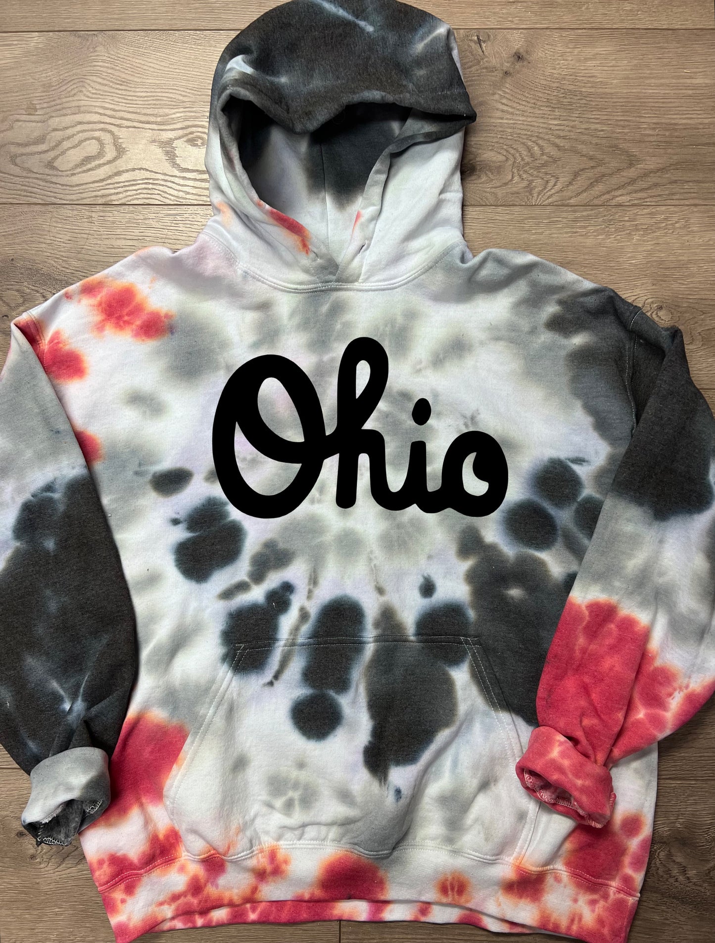 Hand-dyed Adult Red Gray & Black Tie Dye Cursive Ohio Hoodie
