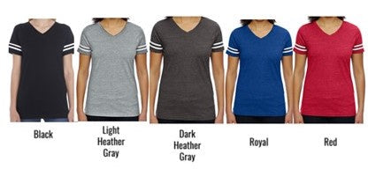 Adult Lakewood Lancers Lakewood Softball or Baseball Bat Center Ladies Short Sleeve V-neck Football Tee