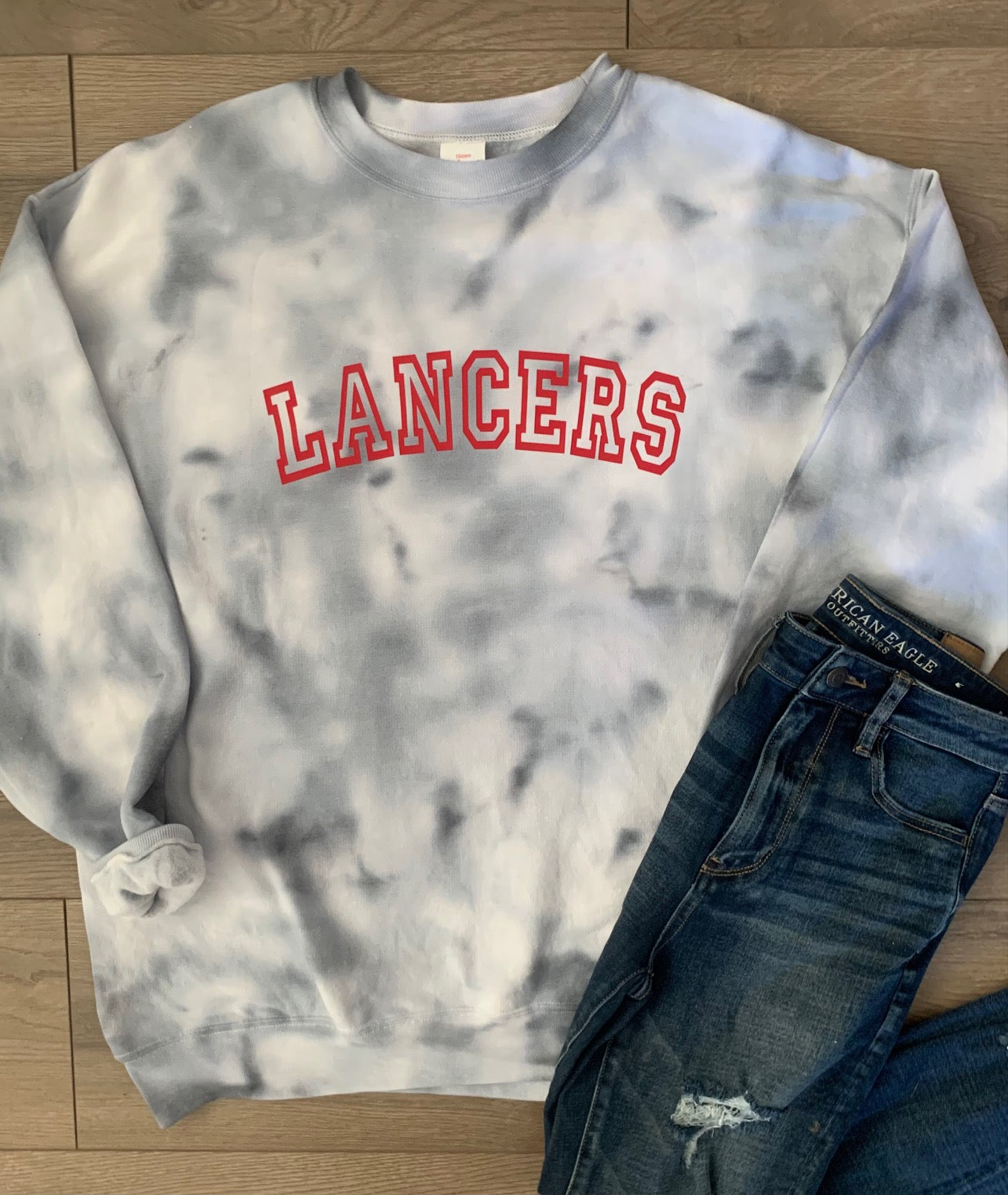 Hand-dyed Adult Lakewood Lancers Gray Curved Block Lancers Tie Dye Crewneck Sweatshirt