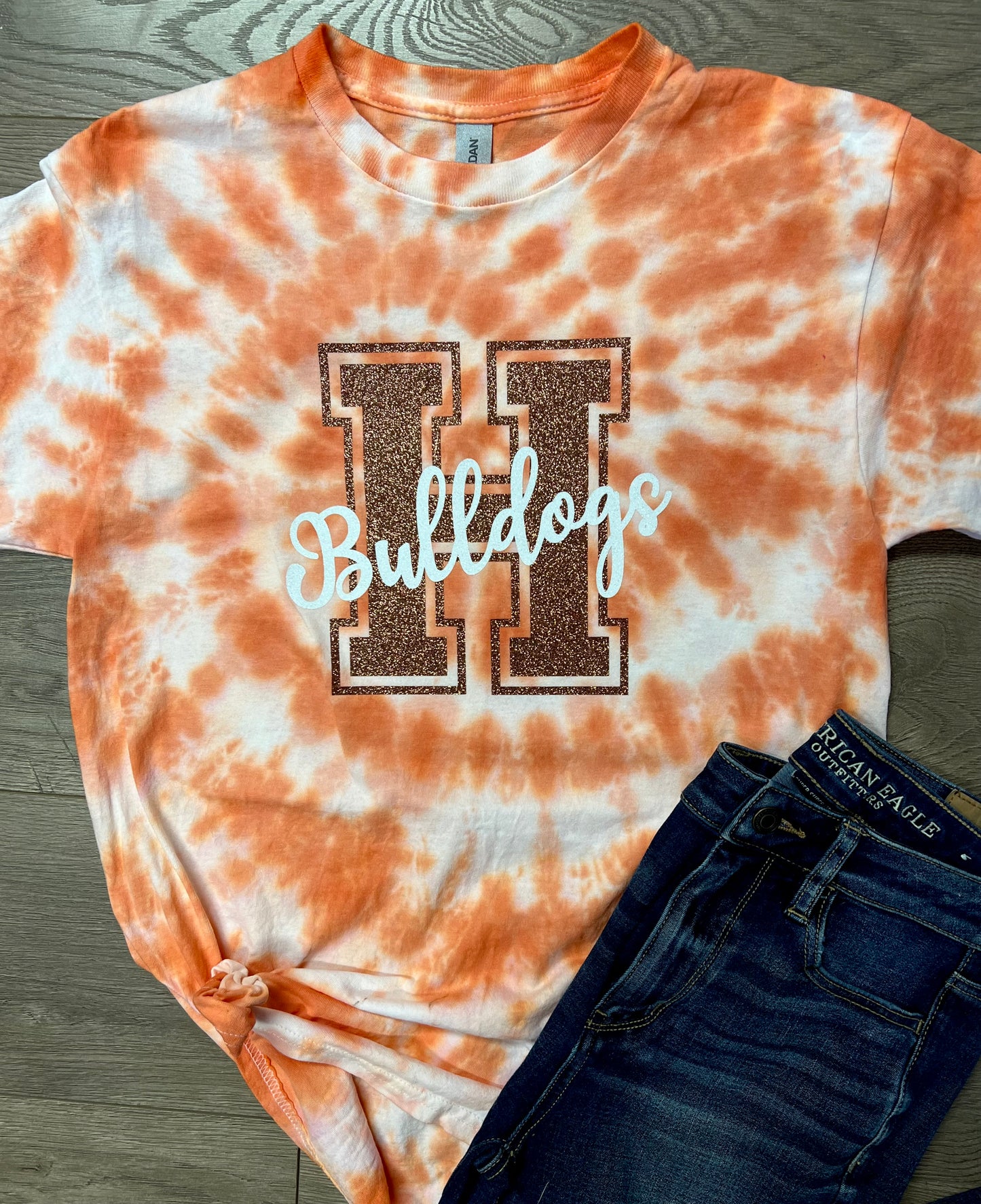Adult Hand-dyed Heath Bulldogs Block H Cursive Bulldogs Short Sleeve Tie Dye Tee