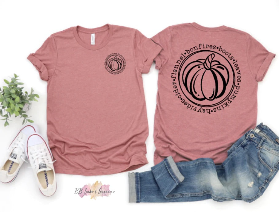 Pumpkin Fall Bonfires Boots Flannels Front/Back Bella Canvas T-shirt