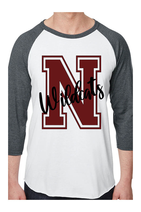 Adult Newark Wildcats Block N Cursive Wildcats Baseball Tee