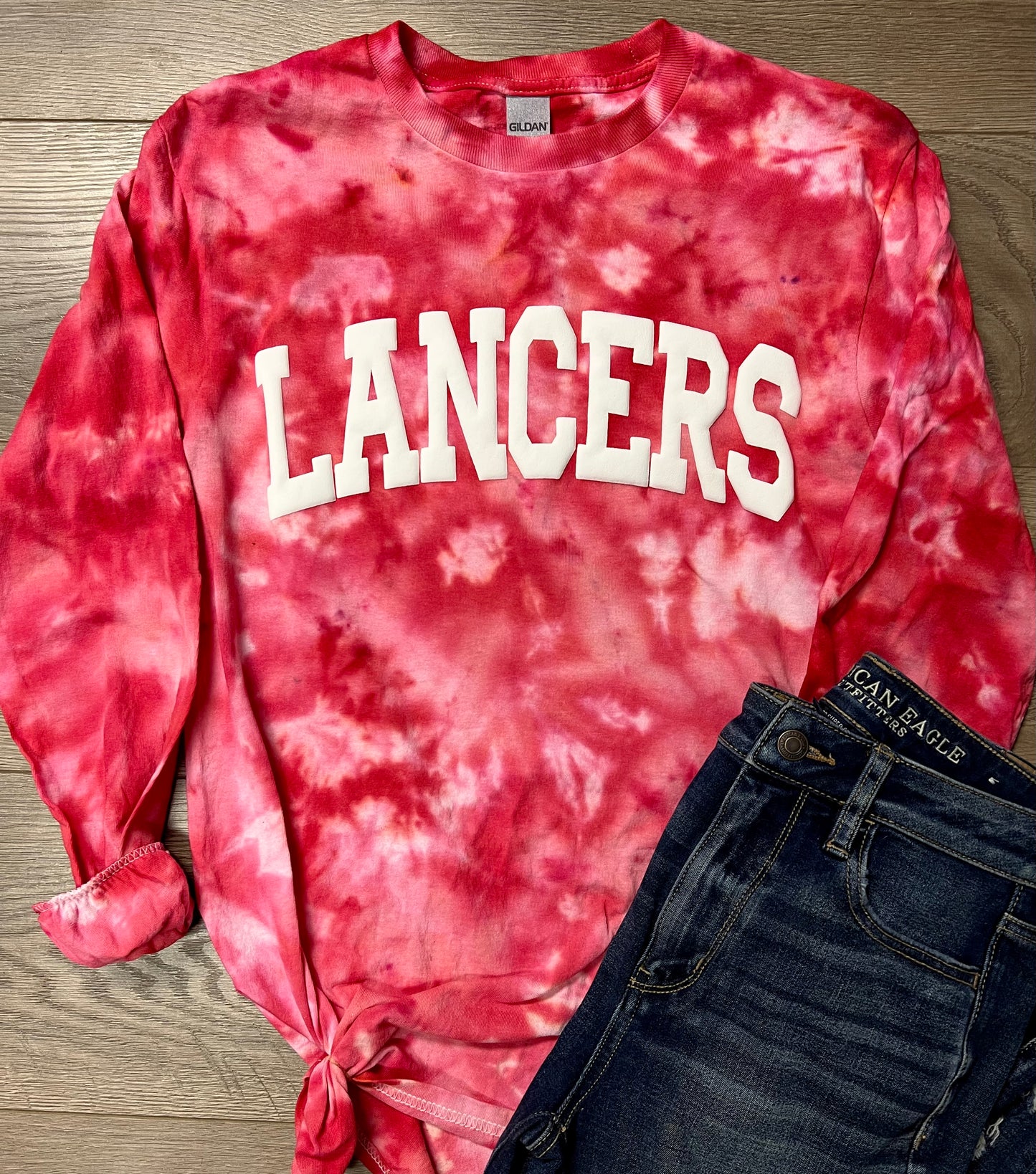 Hand-dyed Adult Lakewood Lancers Red Tie Dye Puff Vinyl Lancers Long-sleeve tee