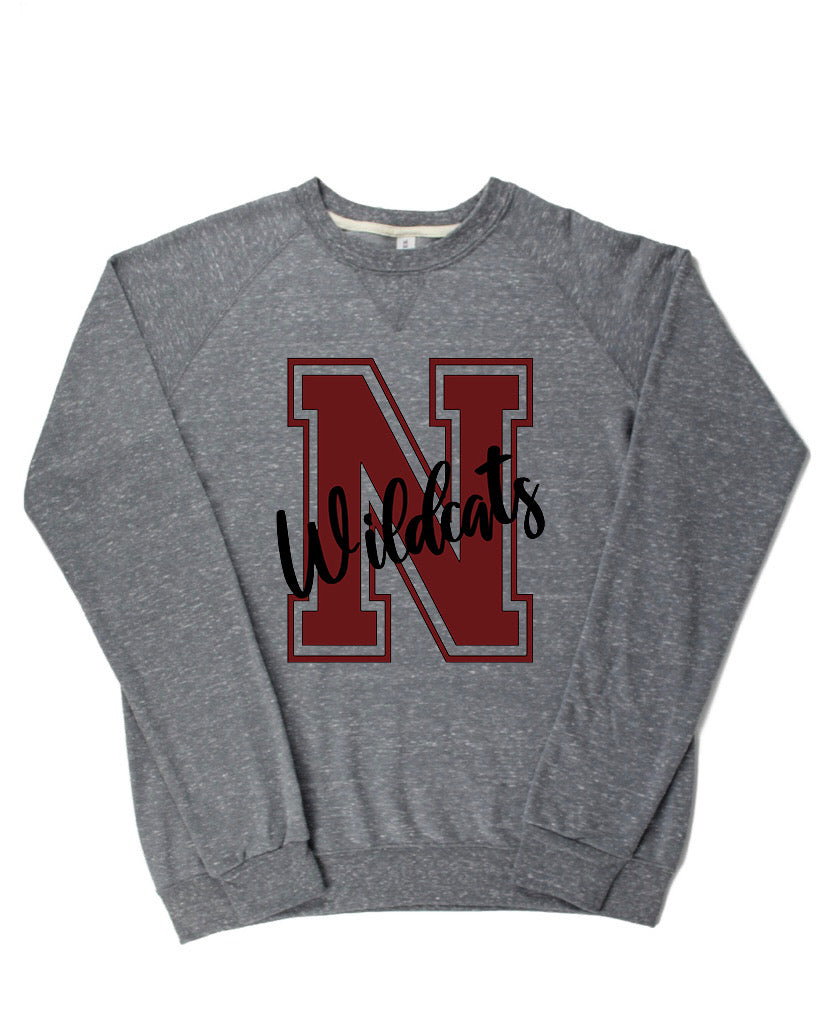 Adult Newark Wildcats Block N Cursive Wildcats Lightweight Snow Heather Crewneck