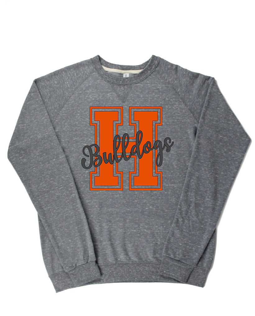 Adult Heath Bulldogs Block H Cursive Bulldogs Lightweight Snow Heather Crewneck