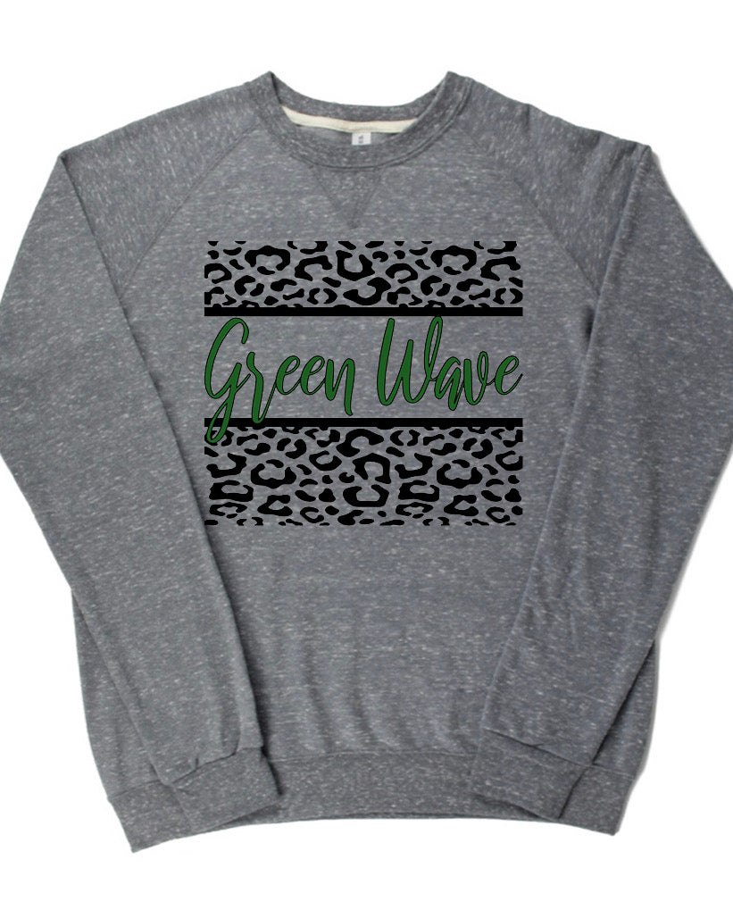 Adult Newark Catholic Green Wave Leopard Cursive Green Wave Lightweight Snow Heather Crewneck
