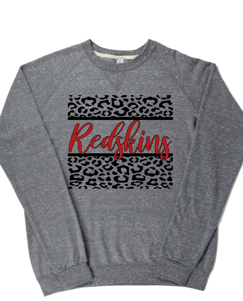 Adult Utica Redskins Leopard Cursive Redskins Lightweight Snow Heather Crewneck