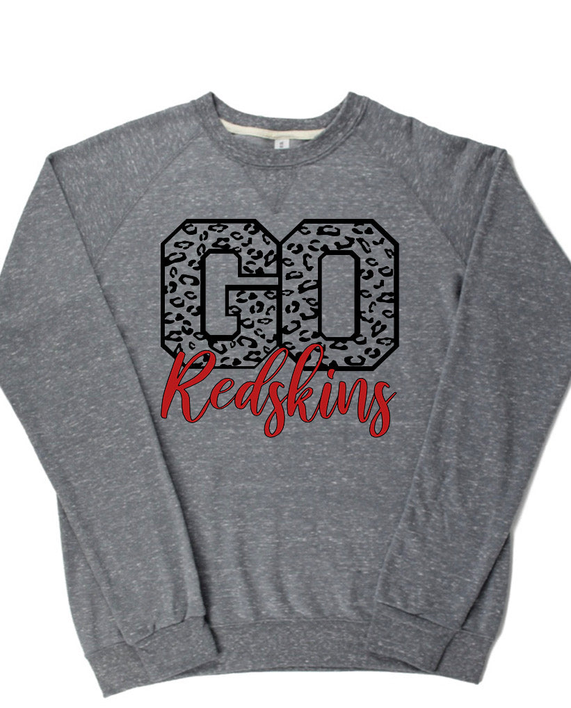 Adult Utica Redskins Leopard GO Cursive Redskins Lightweight Snow Heather Crewneck