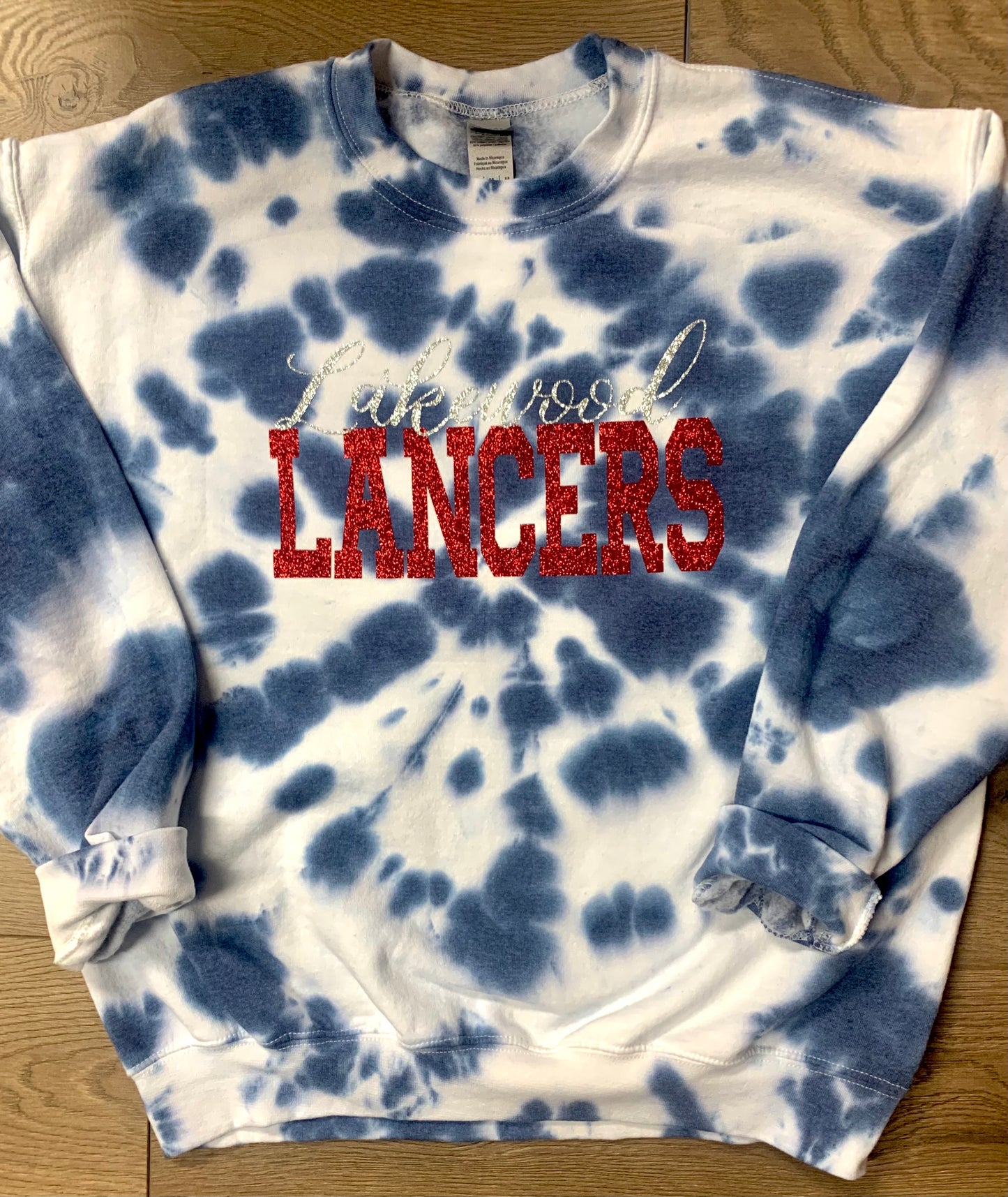 Hand-dyed Adult Cursive Lakewood Block Lancers Tie Dye Crewneck Sweatshirt