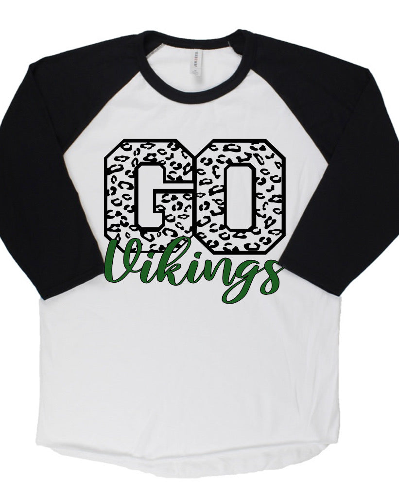 Adult Northridge Vikings Leopard GO Cursive Vikings Baseball Tee