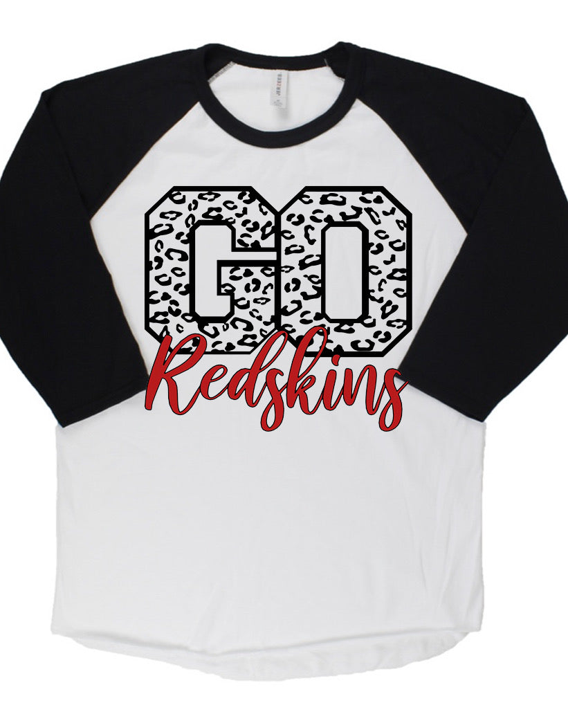 Adult Utica Redskins Leopard GO Cursive Redskins Baseball Tee