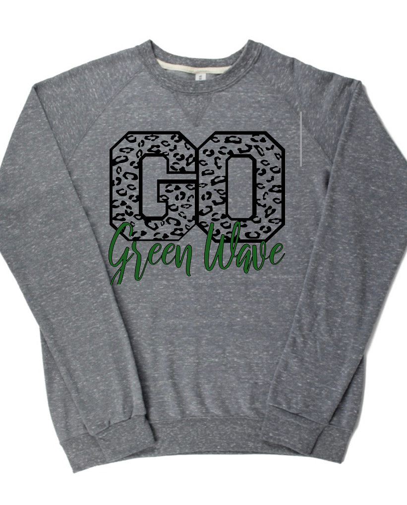Adult Newark Catholic Green Wave Leopard GO Cursive Green Wave Lightweight Snow Heather Crewneck