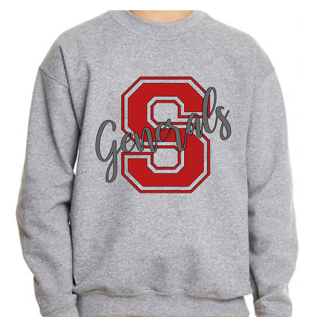 Adult Sheridan Generals Block S Cursive Generals Crewneck Sweatshirt