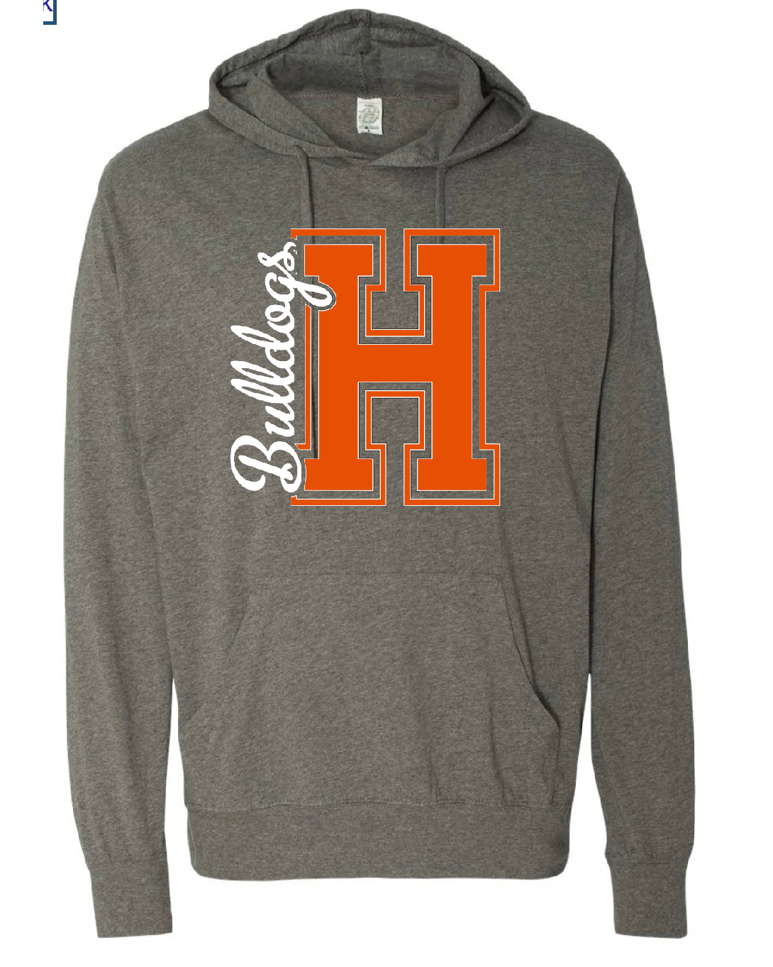 Block H Cursive Bulldogs Hooded Long-Sleeve Tee with front pocket