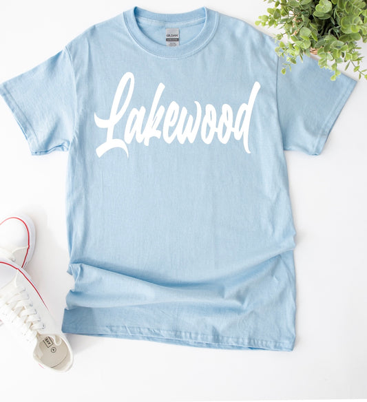Cursive Lakewood Lancers Light Blue Solid Short-Sleeve Tee