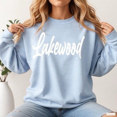 Cursive Lakewood Lakewood Lancers Light Blue Crewneck Sweatshirt