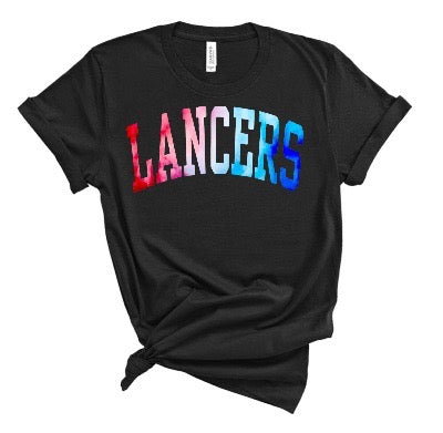 Lakewood Red Blue Gradient Block Lancers Bella Canvas Tee