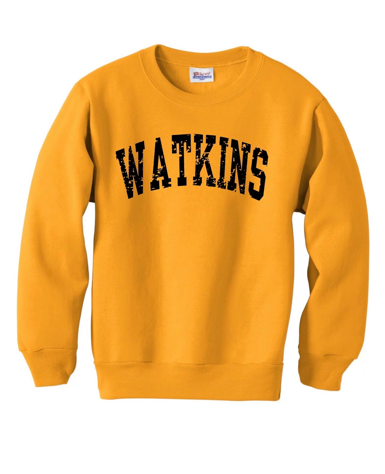 CUSTOMIZABLE School or Mascot Aged Block Font Crewneck Sweatshirt: Pick Shirt Color, Wording & Vinyl Color