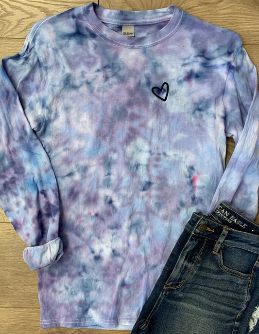 Hand-dyed Adult Be Kind Heart Front/Back Long-Sleeve T-shirt - CHOOSE TIE DYE COLORS