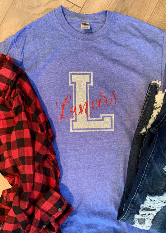 Adult Lakewood Lancers Block L Cursive Lancers Solid Short-Sleeve Tee