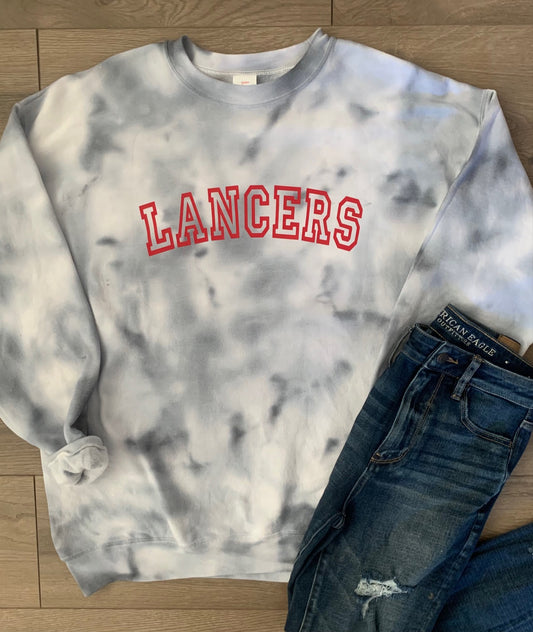 Hand-dyed Adult Lakewood Lancers Gray Curved Block Lancers Tie Dye Crewneck Sweatshirt