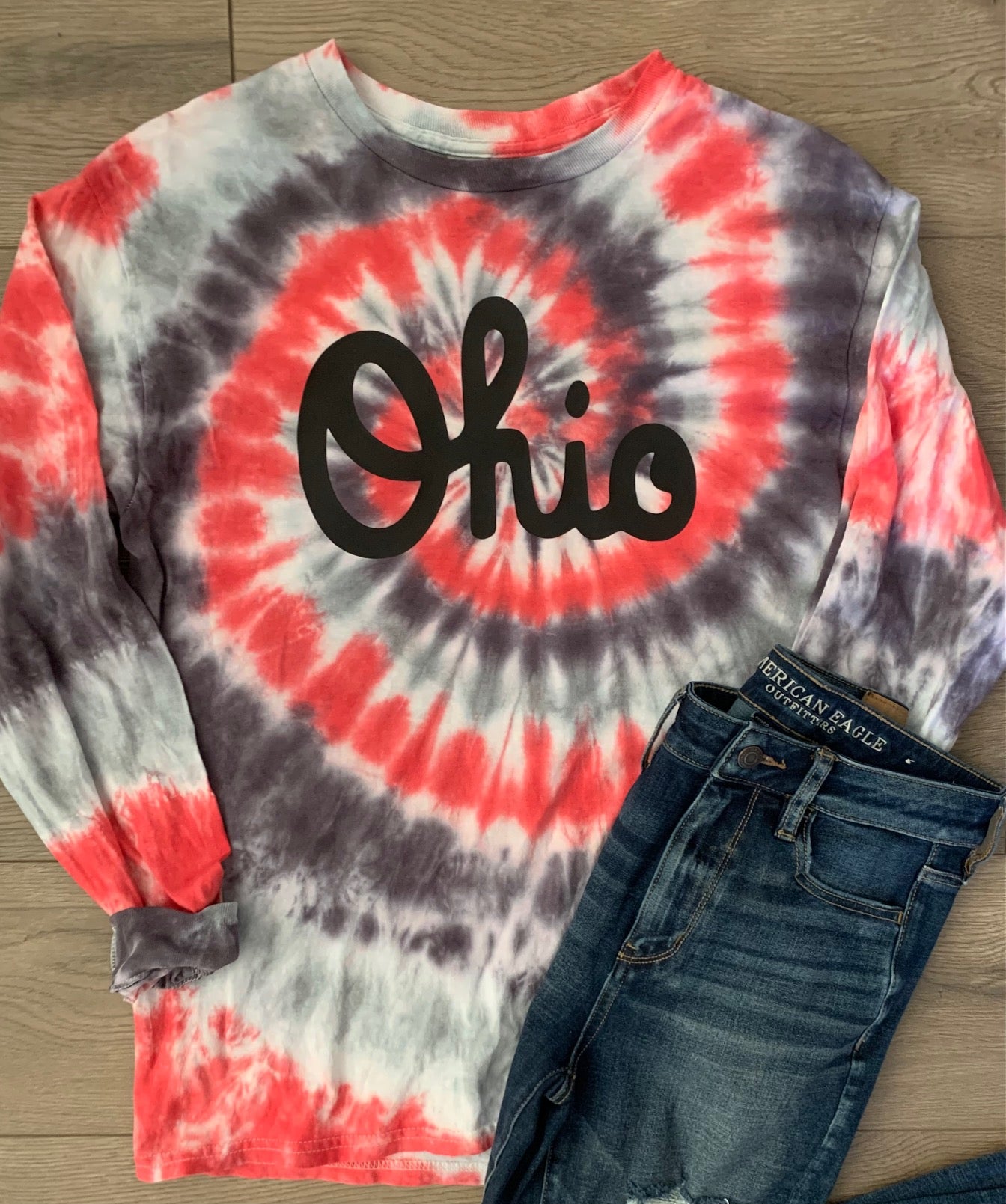 Hand-dyed Adult Red Gray & Black Tie Dye Cursive Ohio Long-Sleeve T-shirt