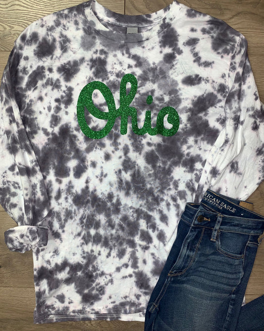 Hand-dyed Adult Black Tie Dye Cursive Ohio Long-Sleeve T-shirt