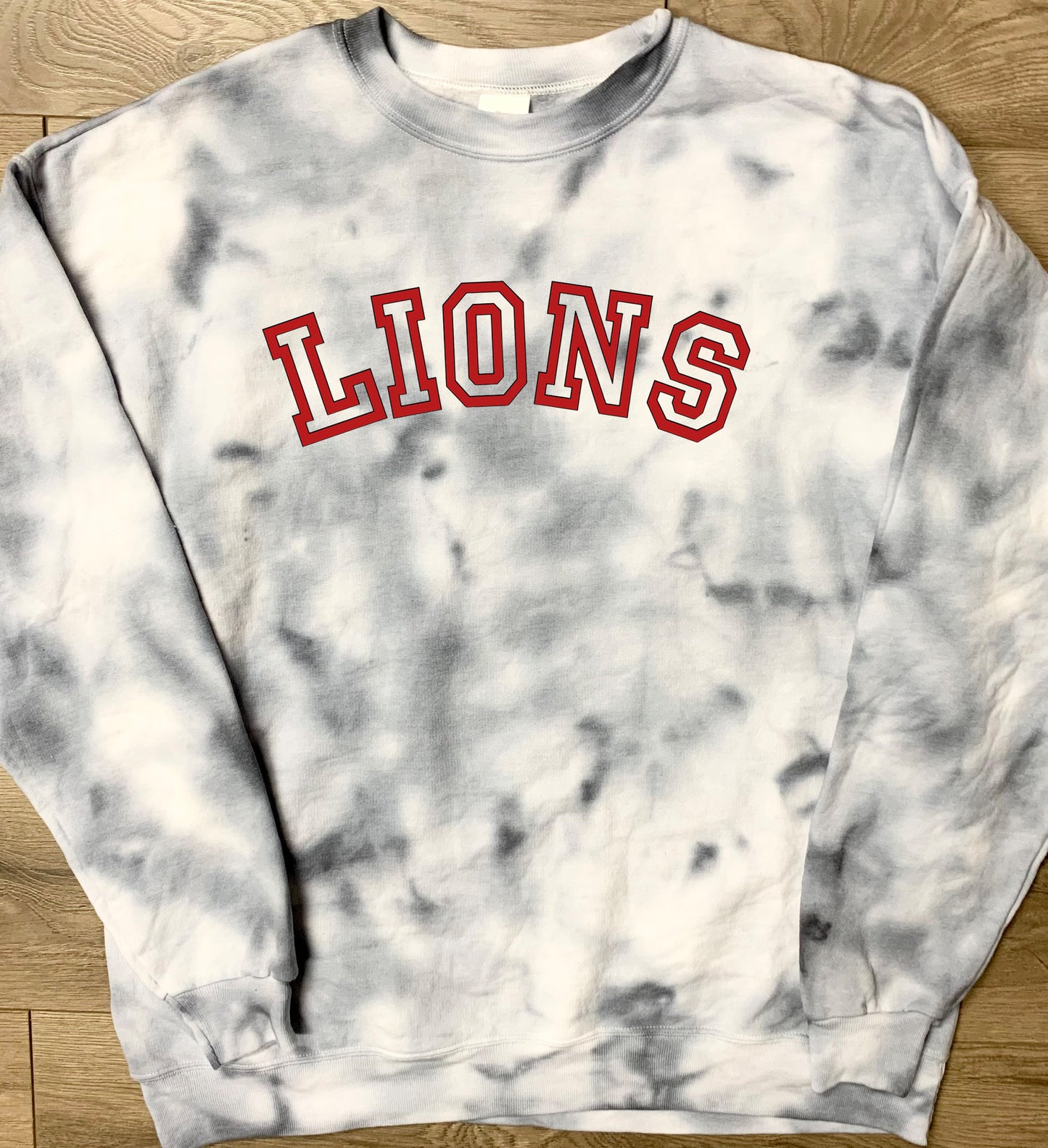 Hand-dyed Adult Liberty Union Lions Gray Curved Block Lions Tie Dye Crewneck Sweatshirt