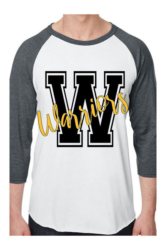 Adult Watkins Warriors Block W Cursive Warriors Baseball Tee
