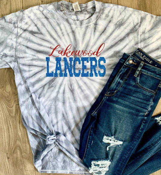 Adult Lakewood Lancers Cursive Lakewood Block Lancers Short Sleeve Tie Dye Tee