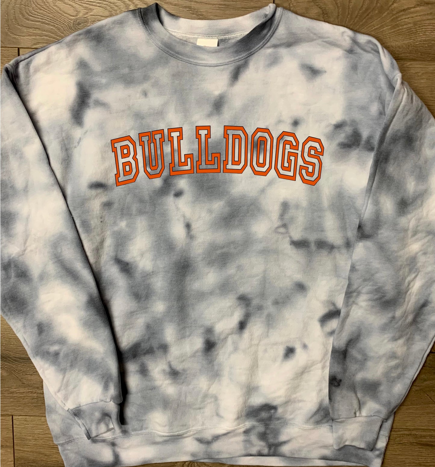 Hand-dyed Adult Heath Bulldogs Gray Curved Block Bulldogs Tie Dye Crewneck Sweatshirt