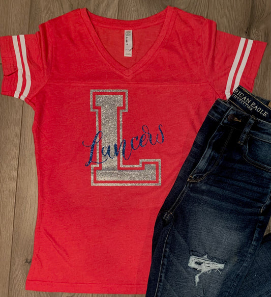 Adult Lakewood Lancers Block L Cursive Lancers Ladies Short Sleeve V-neck Football Tee