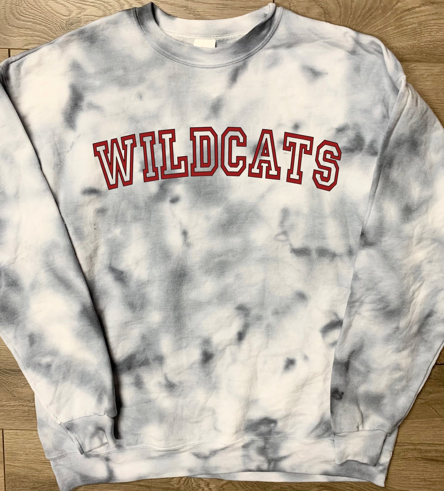Hand-dyed Adult Newark Wildcats Gray Curved Block Wildcats Tie Dye Crewneck Sweatshirt