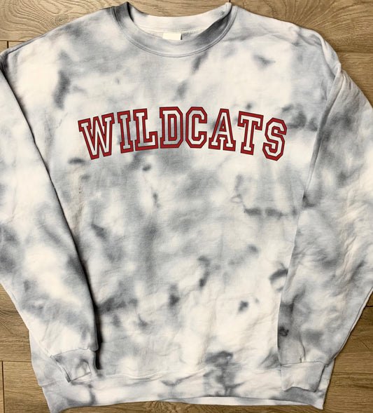 Hand-dyed Adult Newark Wildcats Gray Curved Block Wildcats Tie Dye Crewneck Sweatshirt