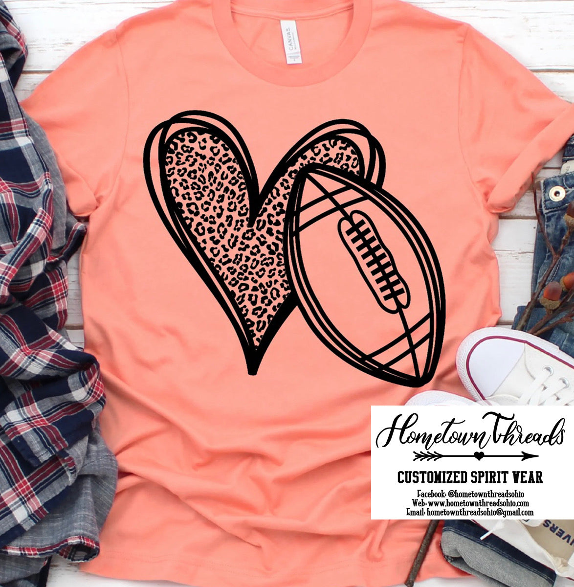 Leopard Heart Football Bella Canvas T-shirt