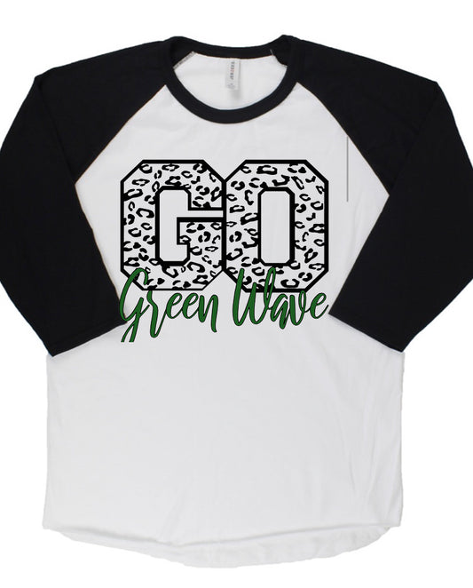 Adult Newark Catholic Green Wave Leopard GO Cursive Green Wave Baseball Tee