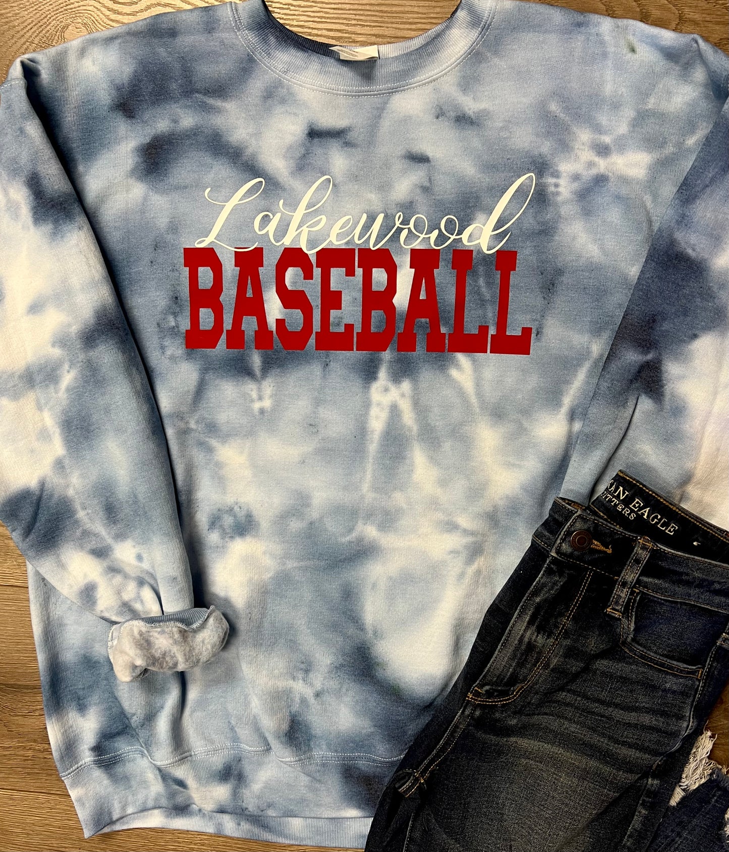 Hand-dyed Adult Lakewood Lancers Dark Blue Tie Dye Cursive Lakewood Block Baseball or Softball Crewneck Sweatshirt