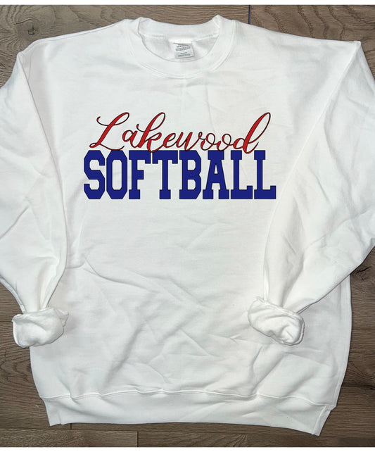 Adult Lakewood Lancers Cursive Lakewood Block Softball or Baseball Crewneck Sweatshirt