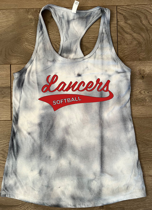 Adult Lakewood Lancers Hand-dyed Gray Tie Dye Cursive Lancers with Flag Tail Baseball or Softball Racerback Tank