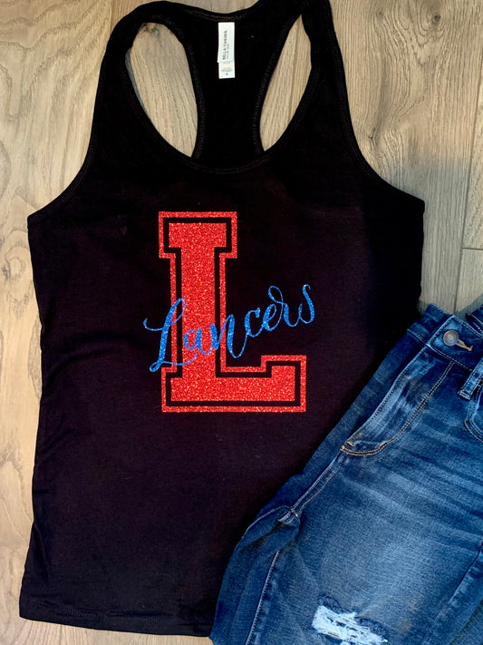 Adult Lakewood Lancers Block L Cursive Lancers Racerback Tank