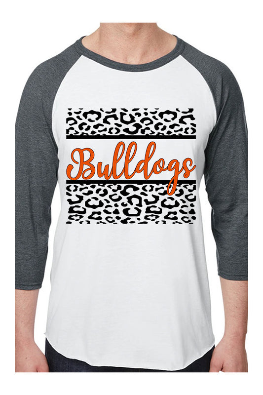 Adult Heath Bulldogs Leopard Cursive Bulldogs Baseball Tee