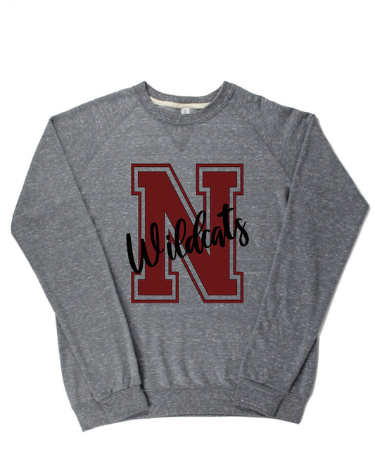 Adult Newark Wildcats Block N Cursive Wildcats Lightweight Snow Heather Crewneck