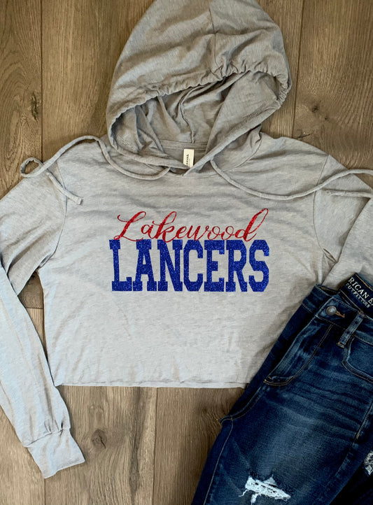Adult Lakewood Lancers Ladies Cursive Lakewood Block Lancers Lightweight Cropped Hoodie