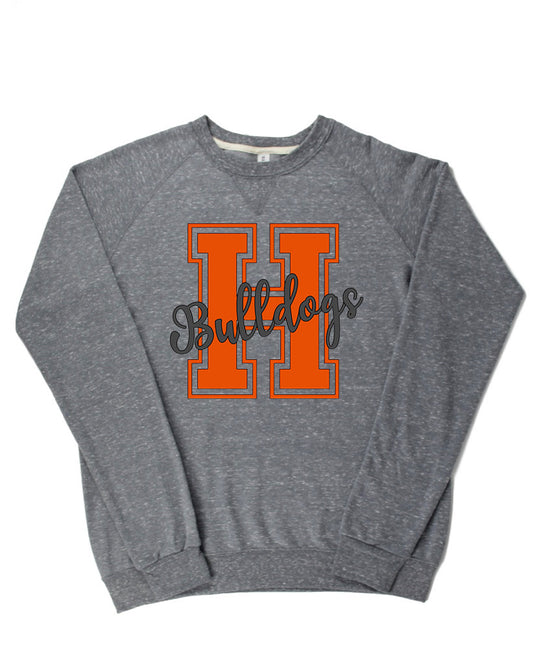 Adult Heath Bulldogs Block H Cursive Bulldogs Lightweight Snow Heather Crewneck
