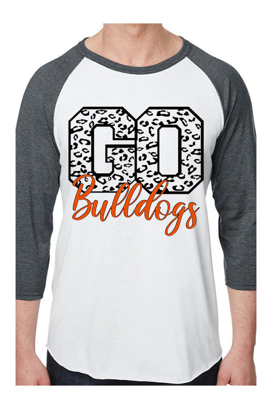 Adult Heath Bulldogs Leopard GO Cursive Bulldogs Baseball Tee