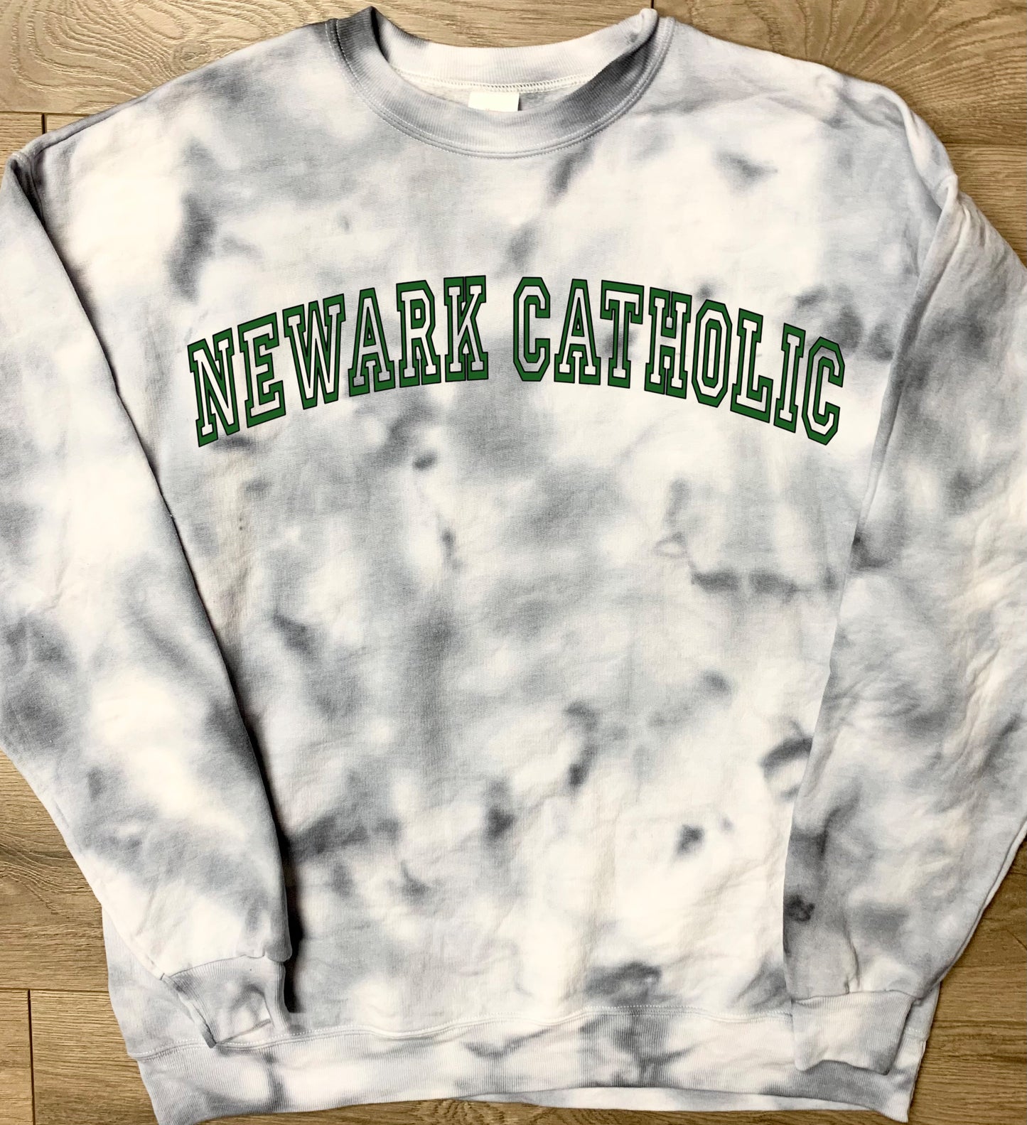 Hand-dyed Adult Newark Catholic Green Wave Gray Curved Block Newark Catholic Tie Dye Crewneck Sweatshirt