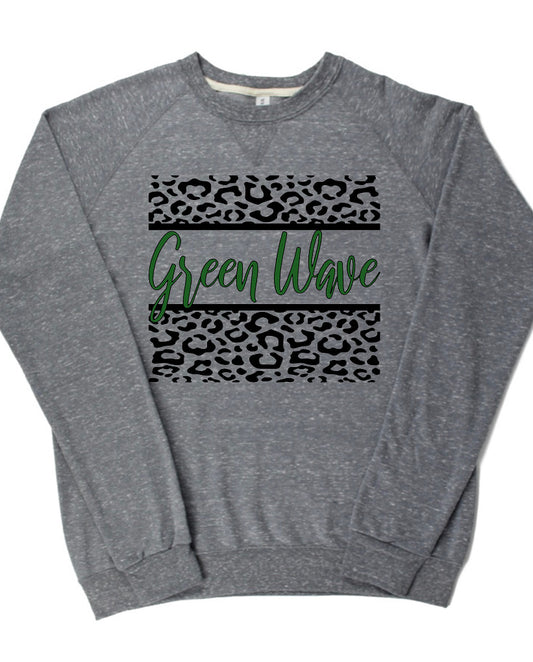 Adult Newark Catholic Green Wave Leopard Cursive Green Wave Lightweight Snow Heather Crewneck