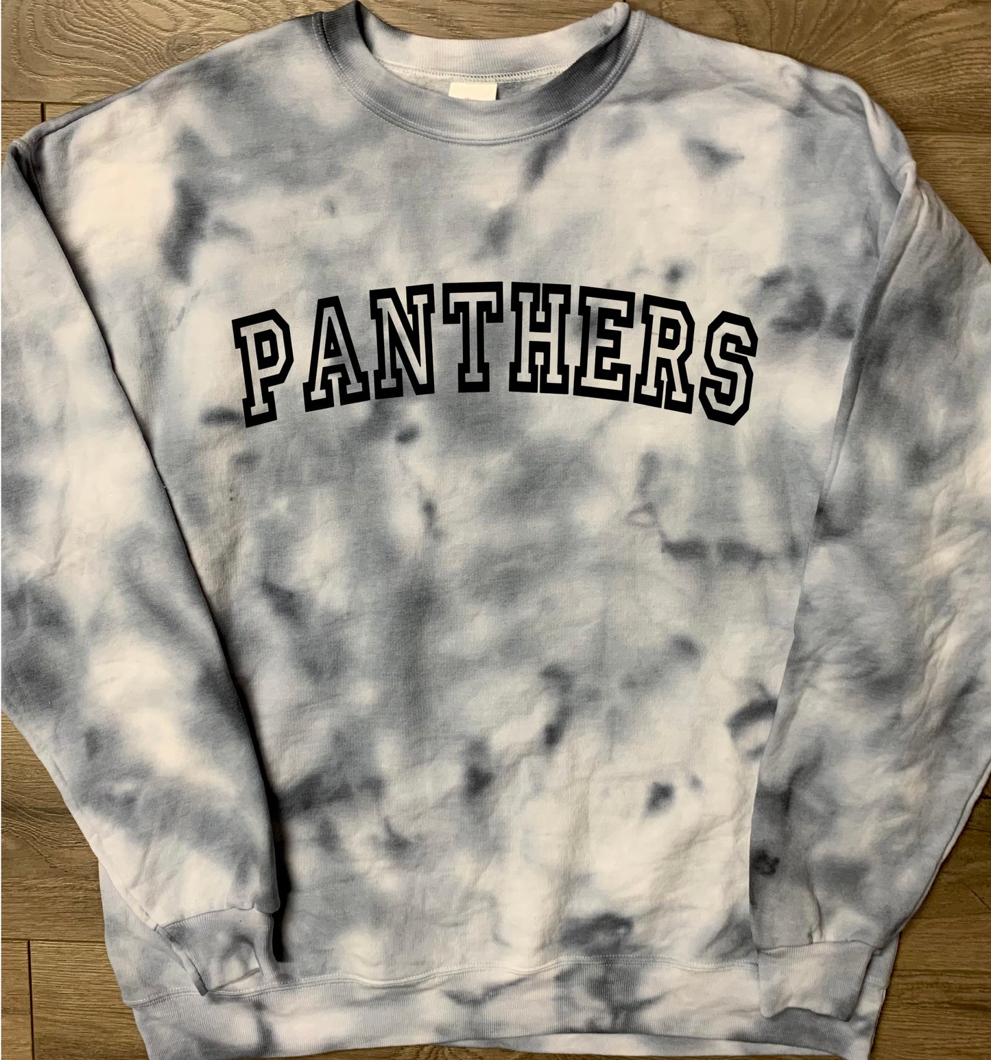 Hand-dyed Adult New Lex Panthers Gray Curved Block Panthers Tie Dye Crewneck Sweatshirt