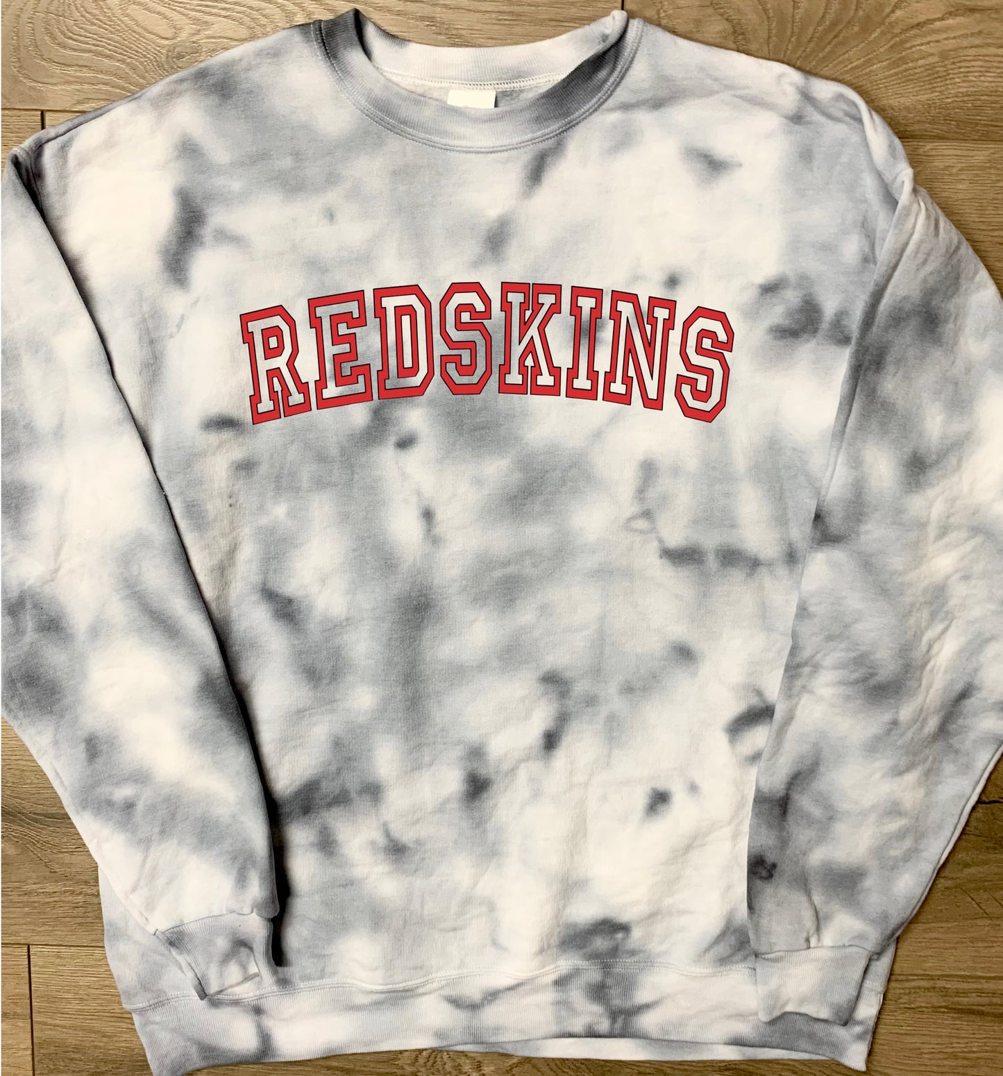 Hand-dyed Adult Utica Redskins Gray Curved Block Redskins Tie Dye Crewneck Sweatshirt